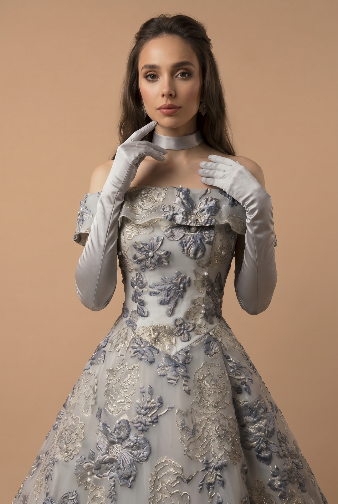 Off-Shoulder Embroidered Taffeta Ball Gown with Grey and Purple Floral Design and Pearl Accents