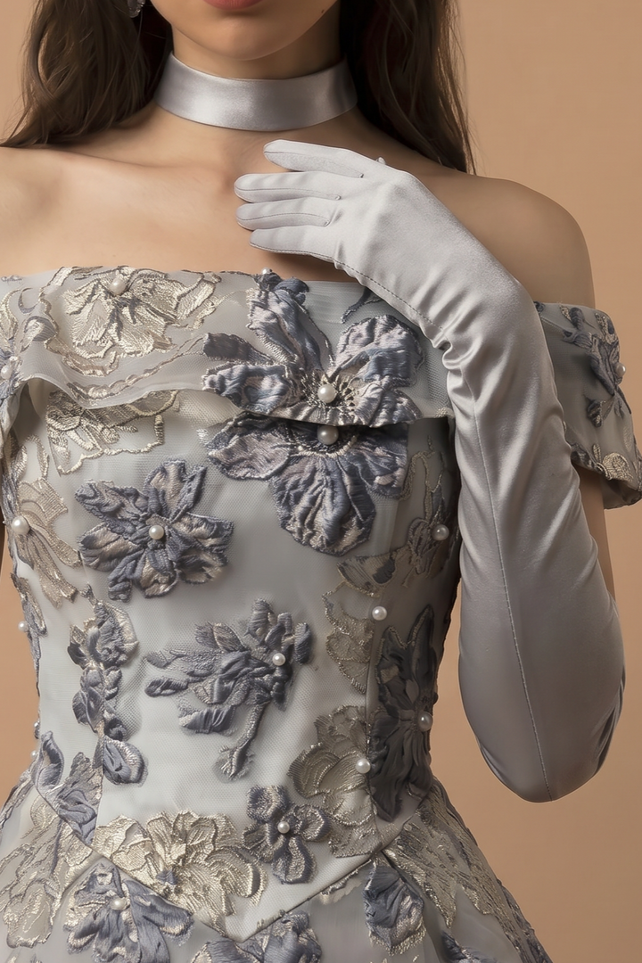 Off-Shoulder Embroidered Taffeta Ball Gown with Grey and Purple Floral Design and Pearl Accents