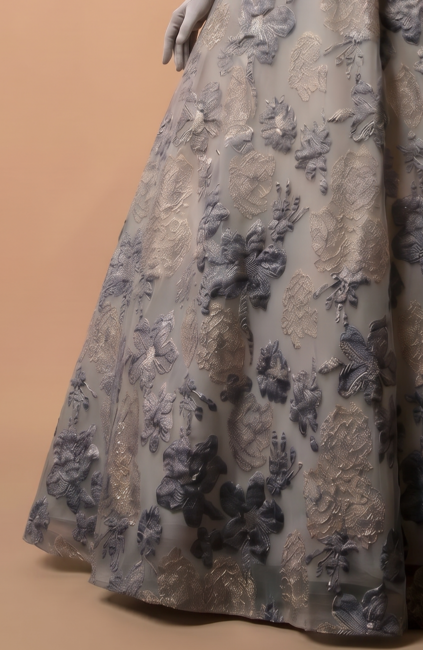 Off-Shoulder Embroidered Taffeta Ball Gown with Grey and Purple Floral Design and Pearl Accents