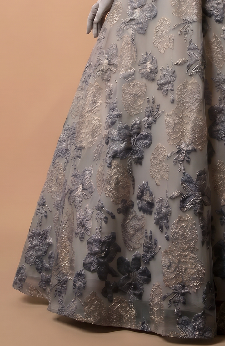 Off-Shoulder Embroidered Taffeta Ball Gown with Grey and Purple Floral Design and Pearl Accents