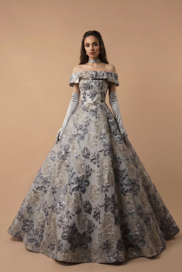 Off-Shoulder Embroidered Taffeta Ball Gown with Grey and Purple Floral Design and Pearl Accents