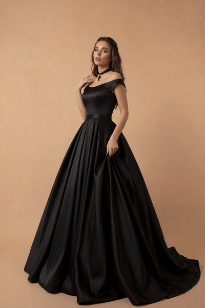 Off-shoulder Gothic Black A-Line Elegant Satin Ball Gown Wedding Dress Plus Size Size 22W / Black / No Choker