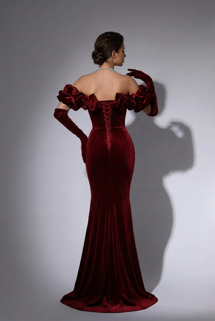 Off-shoulder V-neck Burgundy Velvet Mermaid Formal Dress Plus Size