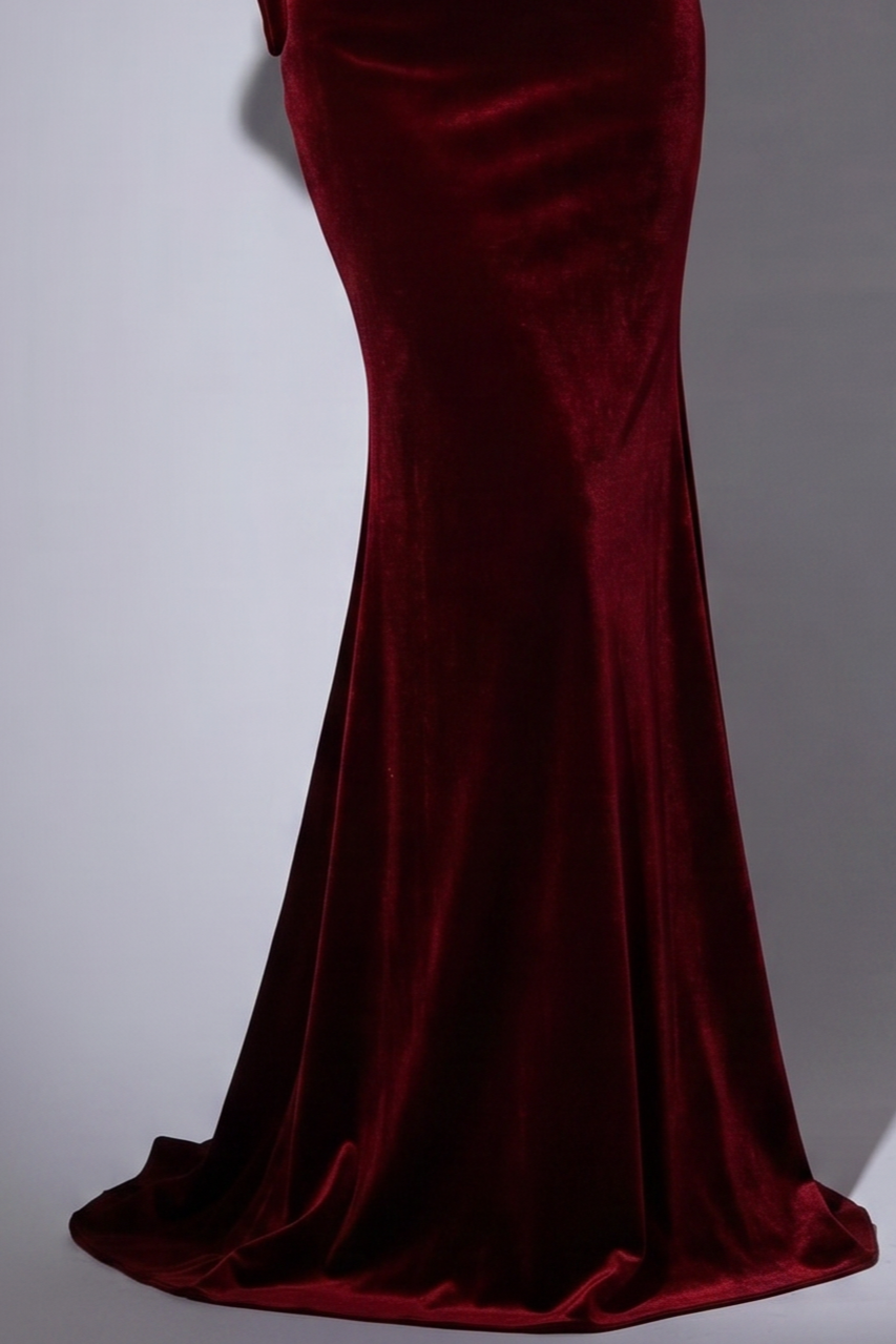 Off-shoulder V-neck Burgundy Velvet Mermaid Formal Dress Plus Size