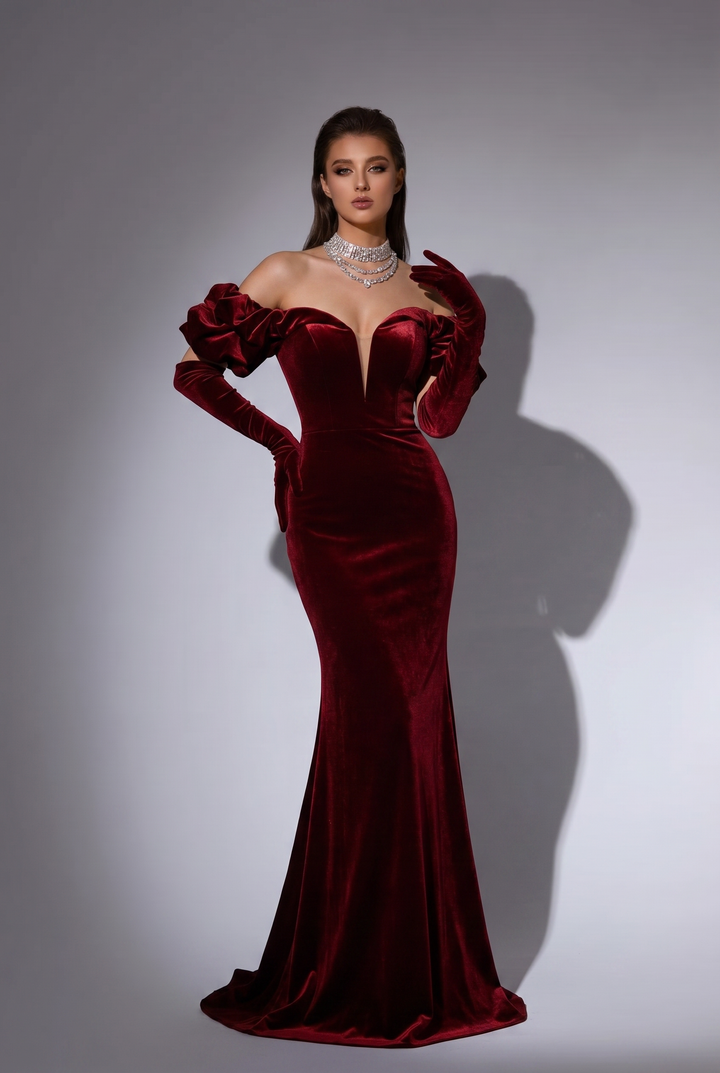 Off-shoulder V-neck Burgundy Velvet Mermaid Formal Dress Plus Size