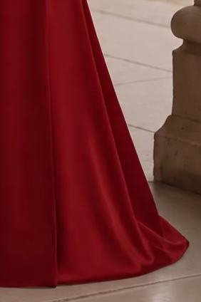 Off-the-Shoulder Red Satin Evening Dress with Bow Detail - Elegant Red Evening Gown Plus Size