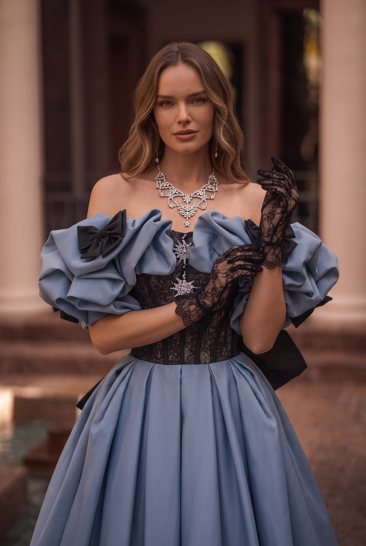 Off Shoulder Blue Princess Style Satin Prom Dress With Crystal - Ball Gown Plus Size