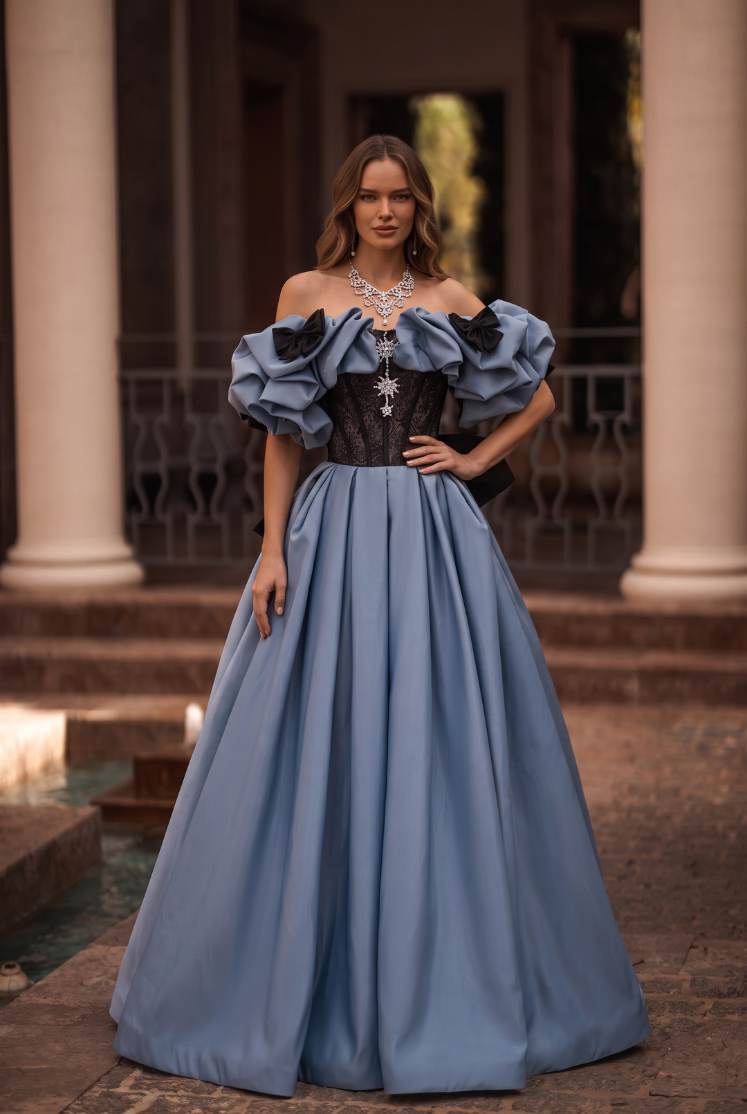 Off Shoulder Blue Princess Style Satin Prom Dress With Crystal - Ball Gown Plus Size