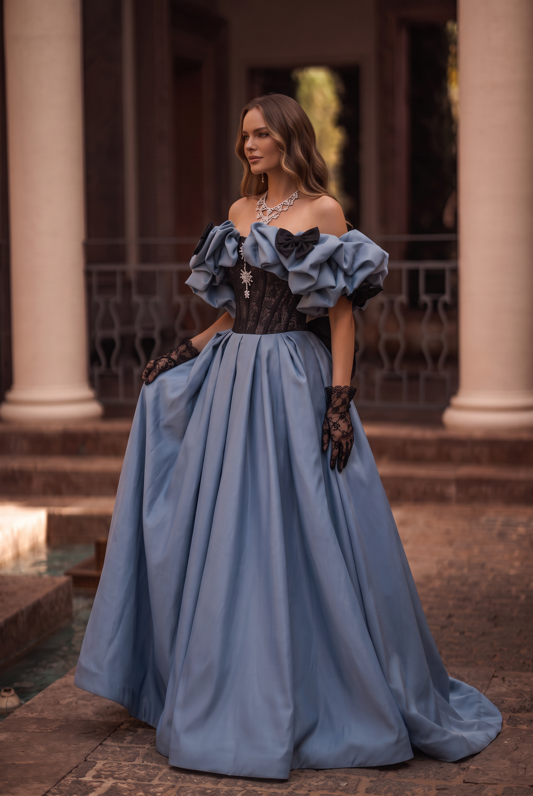 Off Shoulder Blue Princess Style Satin Prom Dress With Crystal - Ball Gown Plus Size