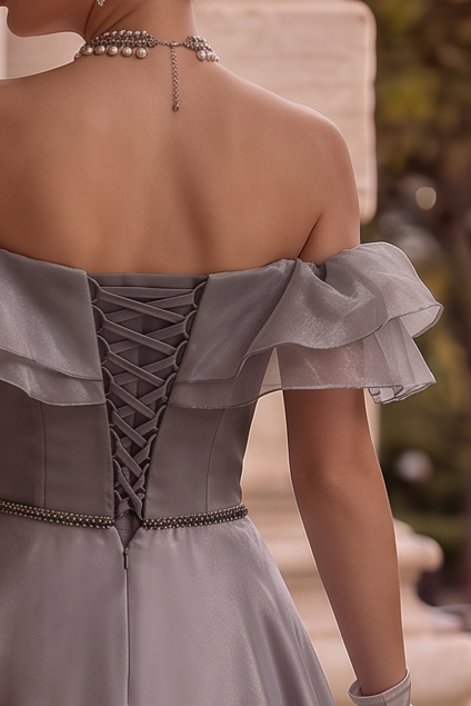 Off Shoulder Bow Tie Grey Corset Evening Gown With Gauze Plus Size