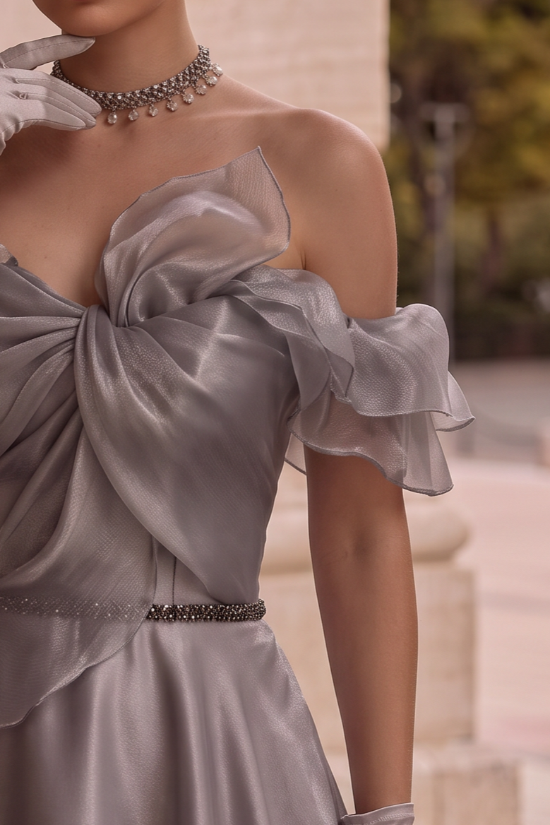 Off Shoulder Bow Tie Grey Corset Evening Gown With Gauze Plus Size