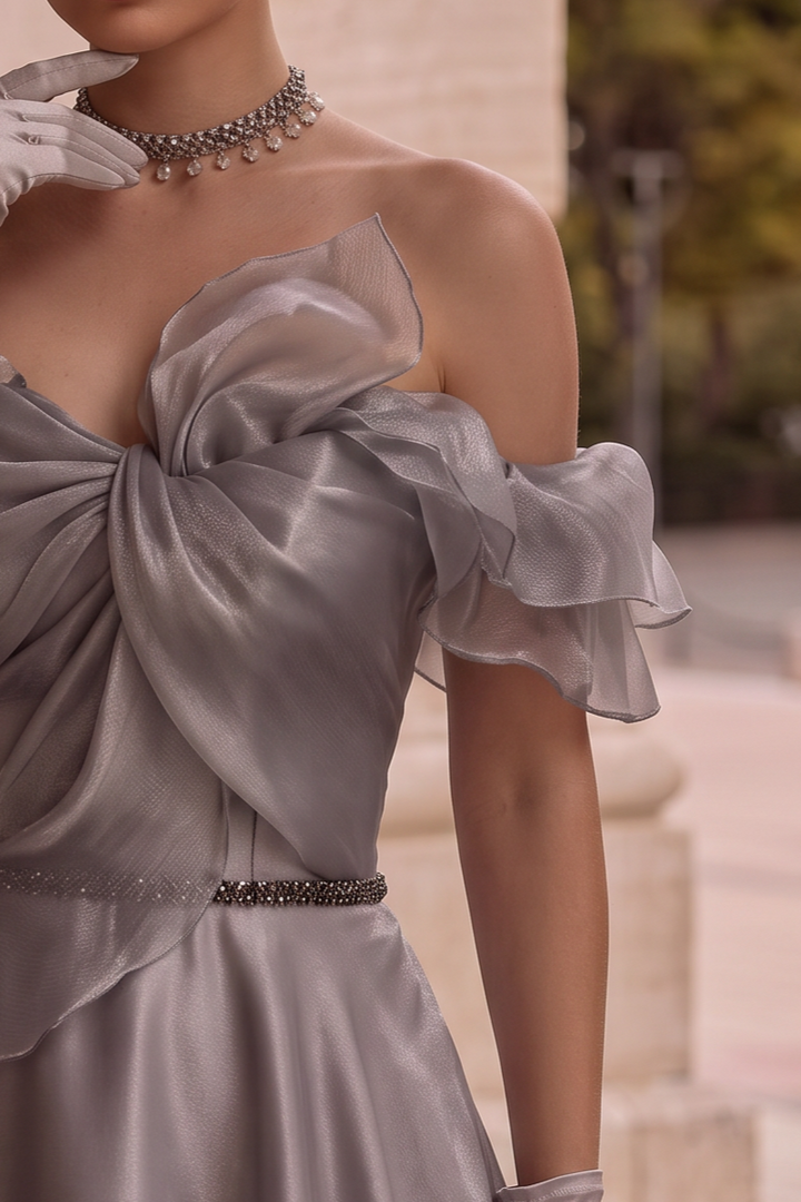 Off Shoulder Bow Tie Grey Corset Evening Gown With Gauze Plus Size