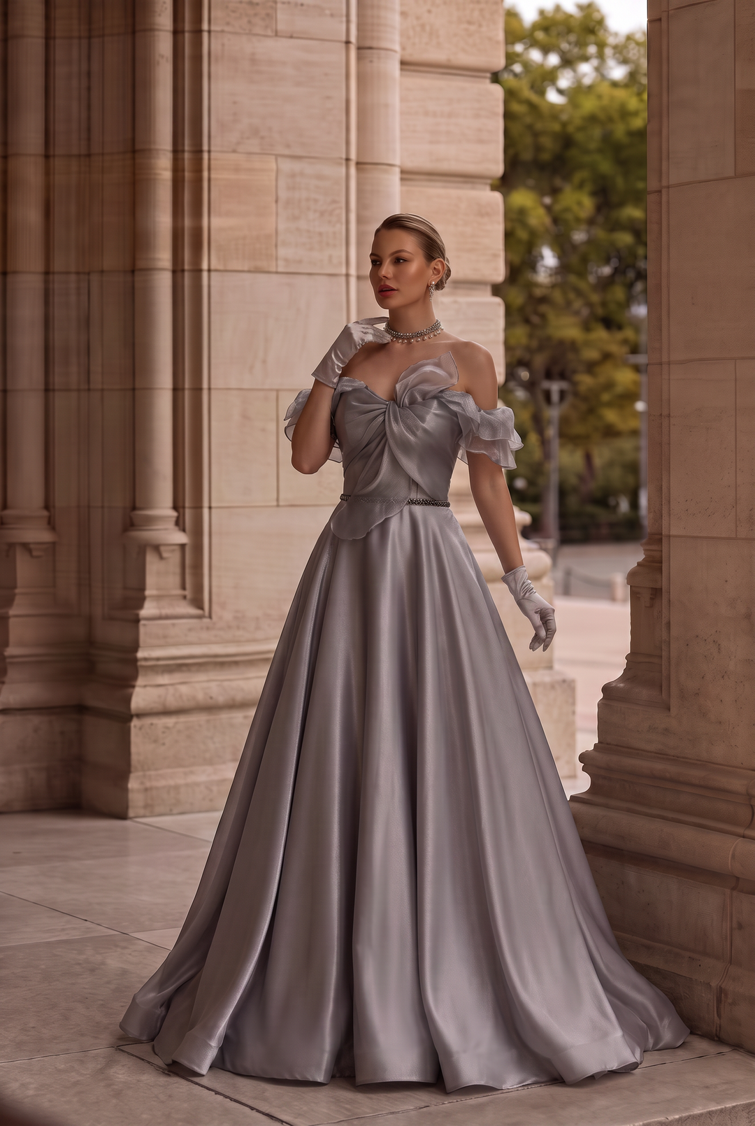Off Shoulder Bow Tie Grey Corset Evening Gown With Gauze Plus Size