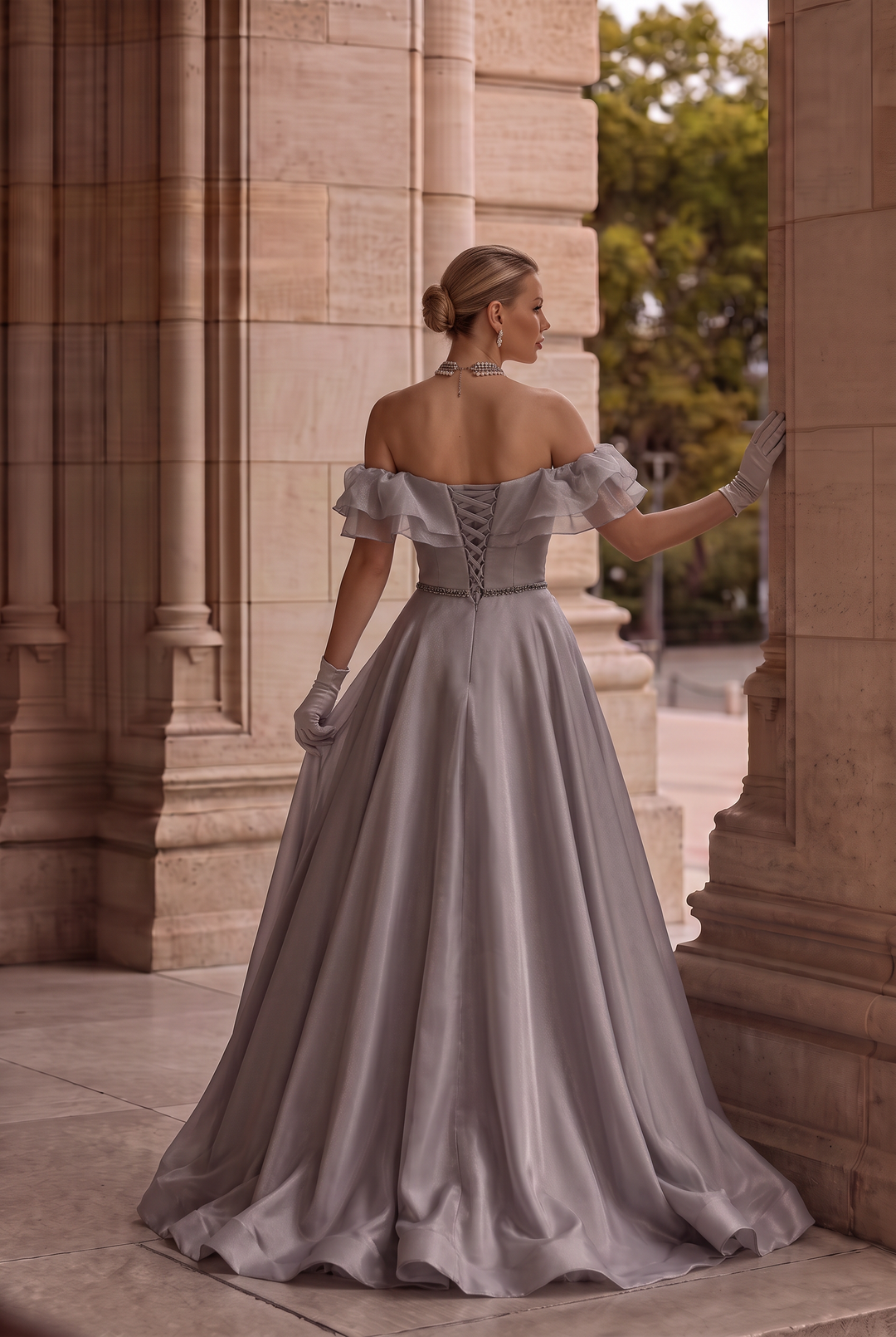 Off Shoulder Bow Tie Grey Corset Evening Gown With Gauze Plus Size