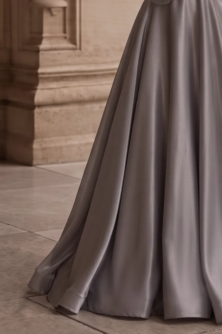Off Shoulder Bow Tie Grey Corset Evening Gown With Gauze Plus Size