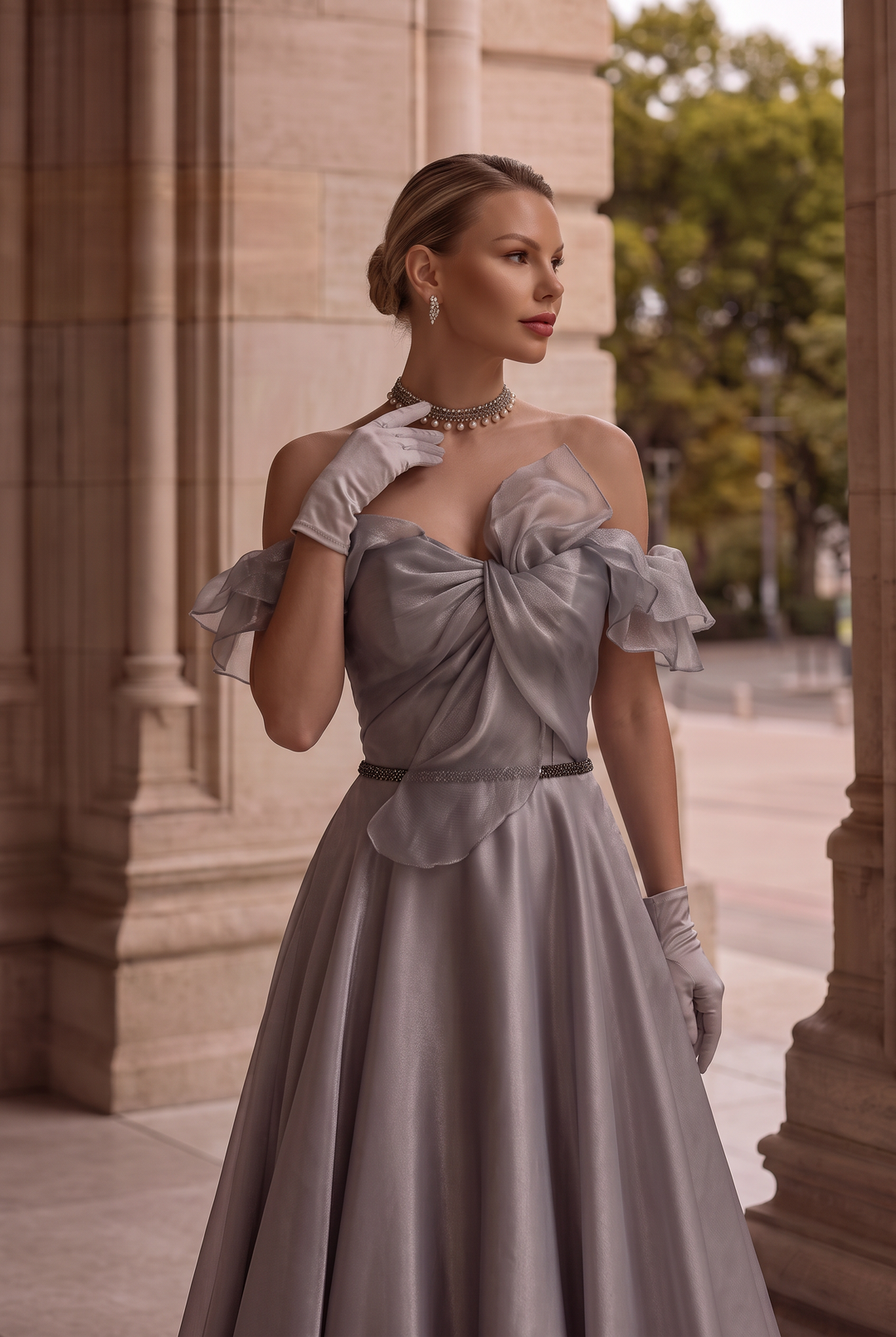 Off Shoulder Bow Tie Grey Corset Evening Gown With Gauze Plus Size
