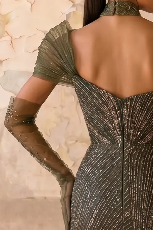 Olive Green One-Shoulder Mermaid Evening Gown with Draped Tulle Train, Hand-Beaded Corset and Choker Plus Size