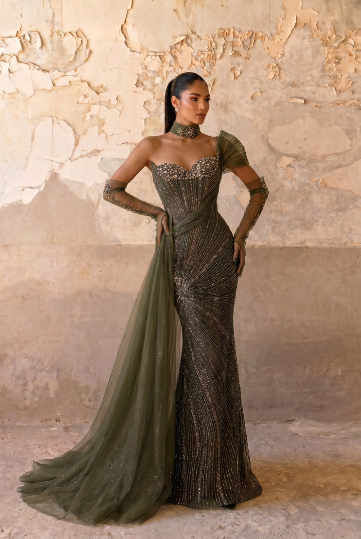 Olive Green One-Shoulder Mermaid Evening Gown with Draped Tulle Train, Hand-Beaded Corset and Choker Plus Size
