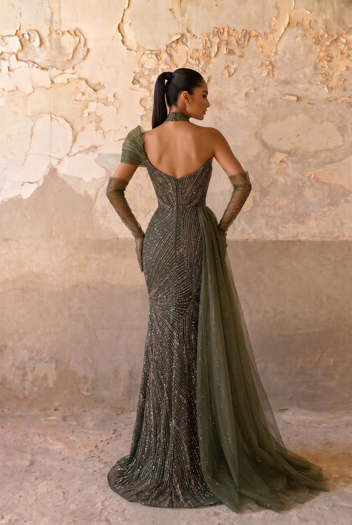 Olive Green One-Shoulder Mermaid Evening Gown with Draped Tulle Train, Hand-Beaded Corset and Choker Plus Size