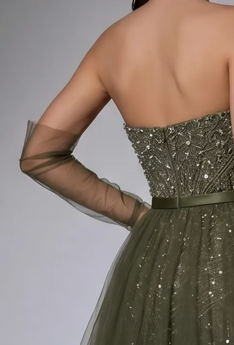 Olive Green Strapless Evening Gown with Crystal Beaded Embellishments, Detachable Overskirt and Choker Plus Size