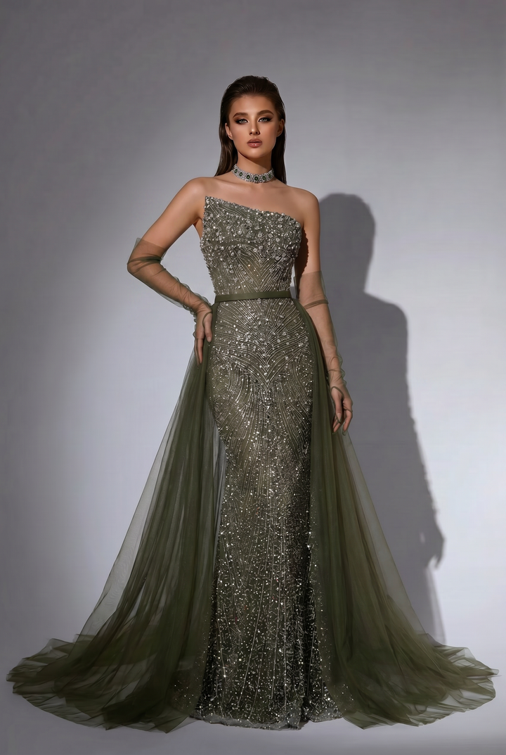 Olive Green Strapless Evening Gown with Crystal Beaded Embellishments, Detachable Overskirt and Choker Plus Size