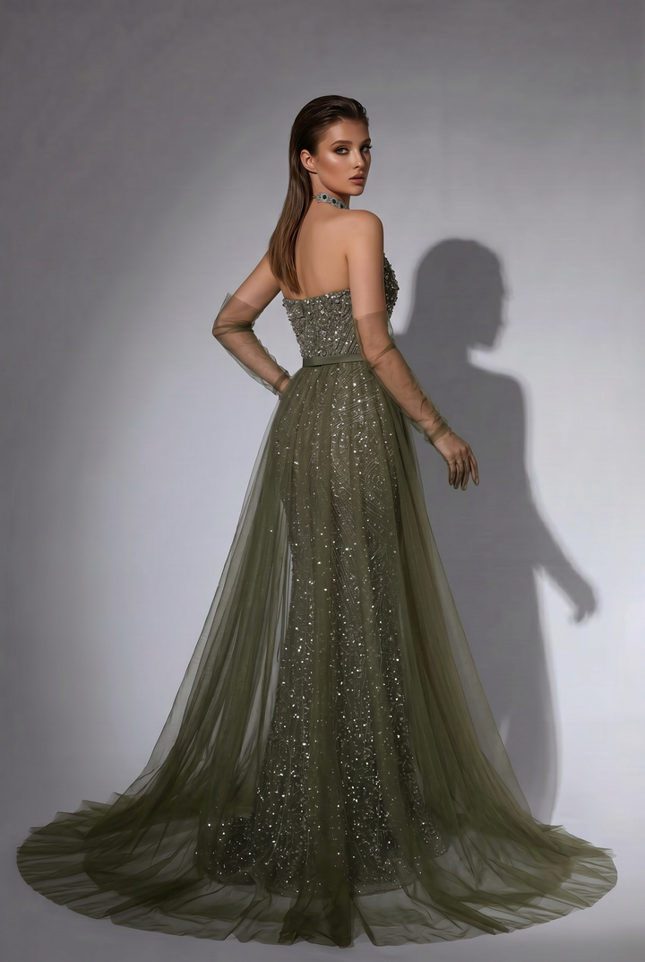 Olive Green Strapless Evening Gown with Crystal Beaded Embellishments, Detachable Overskirt and Choker Plus Size