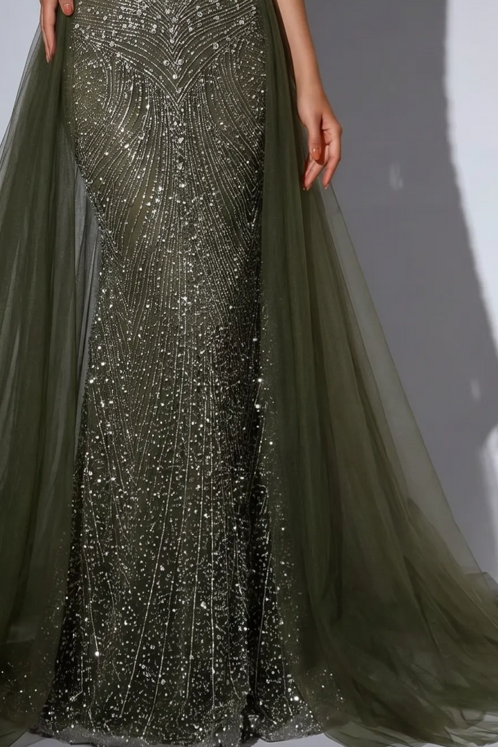 Olive Green Strapless Evening Gown with Crystal Beaded Embellishments, Detachable Overskirt and Choker Plus Size