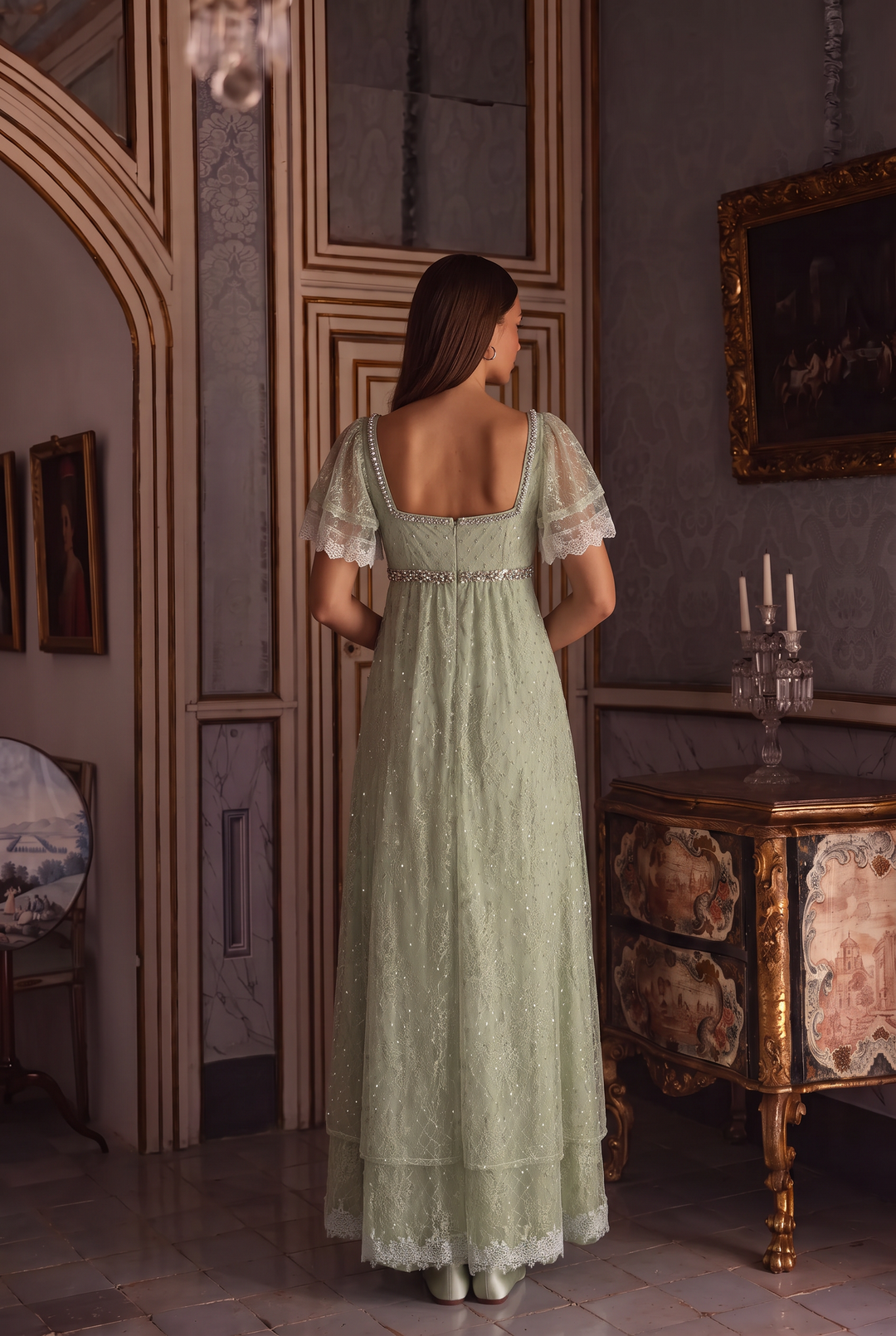 Pale Green Regency Era Embroidered Tulle Empire Waist Dress with Rhinestone Trim and Puff Sleeves Plus Size