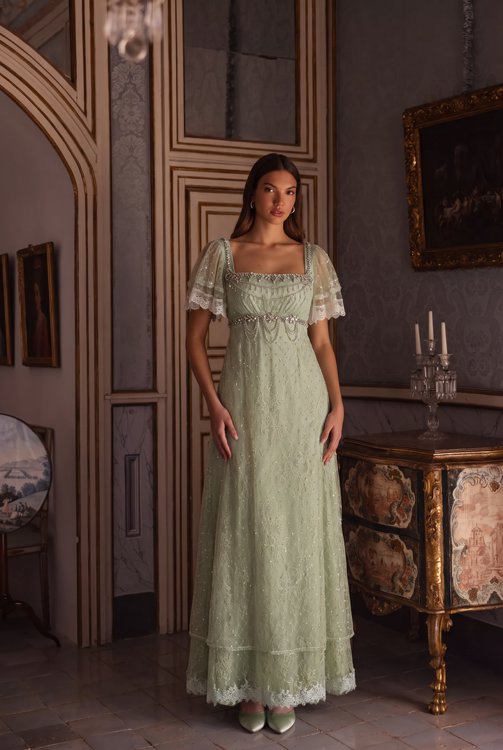 Pale Green Regency Era Embroidered Tulle Empire Waist Dress with Rhinestone Trim and Puff Sleeves Plus Size