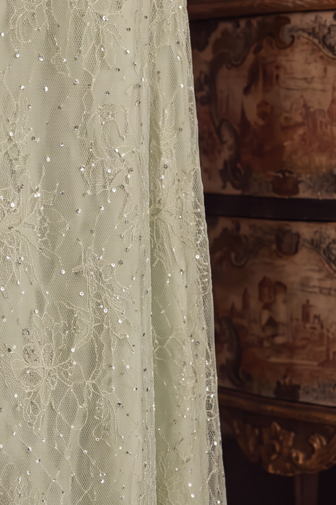 Pale Green Regency Era Embroidered Tulle Empire Waist Dress with Rhinestone Trim and Puff Sleeves Plus Size