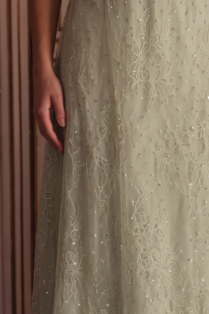Pale Green Regency Era Embroidered Tulle Empire Waist Dress with Rhinestone Trim and Puff Sleeves Plus Size