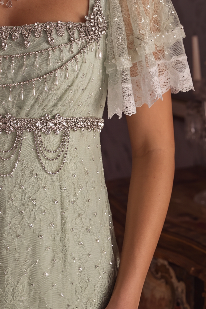 Pale Green Regency Era Embroidered Tulle Empire Waist Dress with Rhinestone Trim and Puff Sleeves Plus Size
