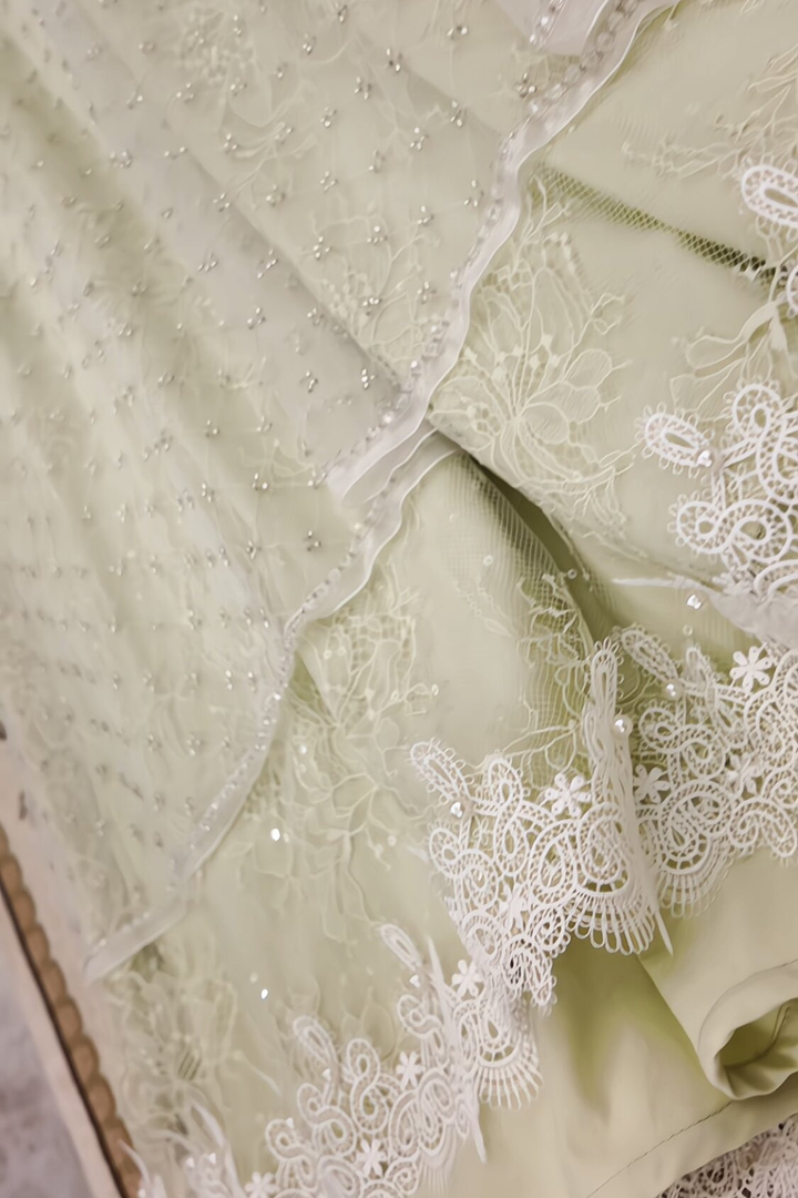 Pale Green Regency Era Embroidered Tulle Empire Waist Dress with Rhinestone Trim and Puff Sleeves Plus Size