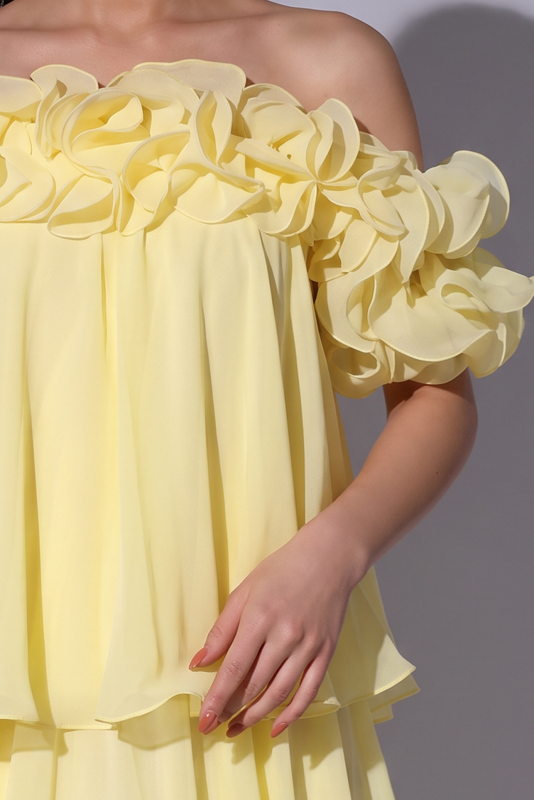 Pale Yellow Off-Shoulder Chiffon Gown with Floral Ruffle Neckline and Tiered Skirt Plus Size