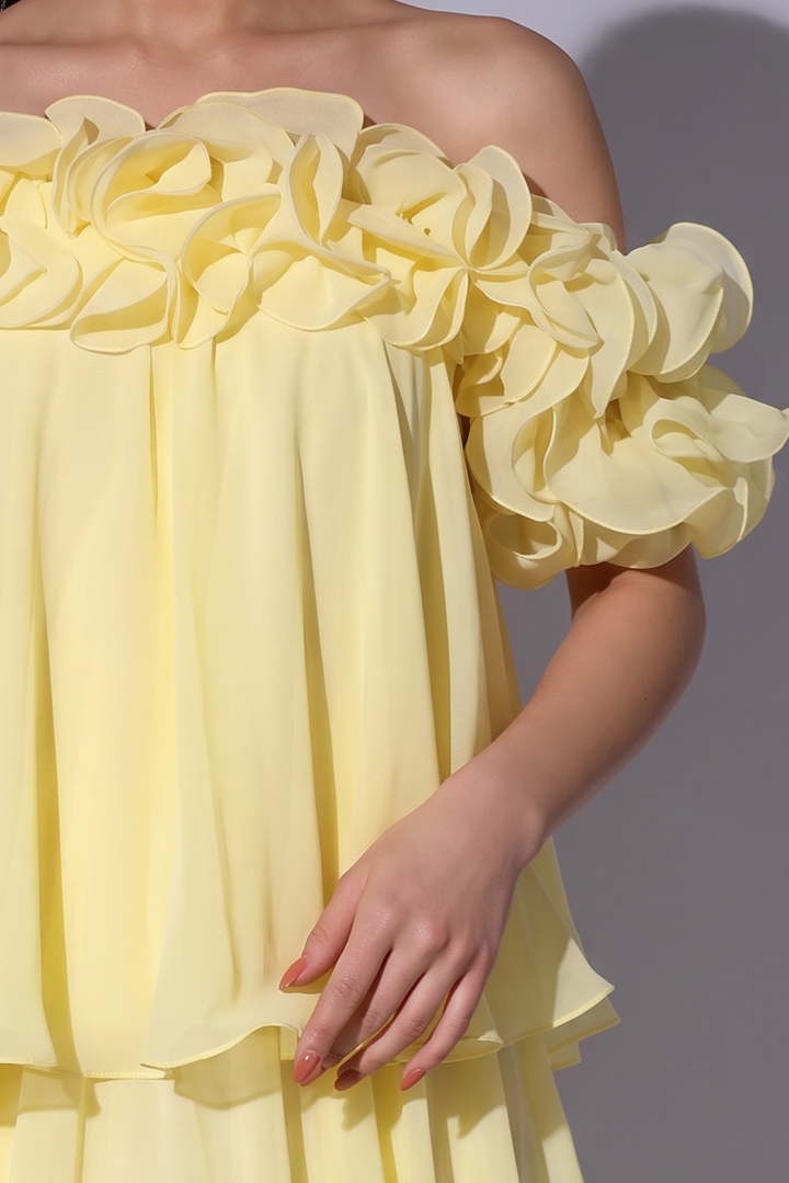 Pale Yellow Off-Shoulder Chiffon Gown with Floral Ruffle Neckline and Tiered Skirt Plus Size