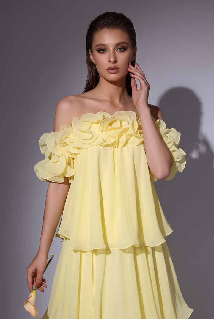 Pale Yellow Off-Shoulder Chiffon Gown with Floral Ruffle Neckline and Tiered Skirt Plus Size
