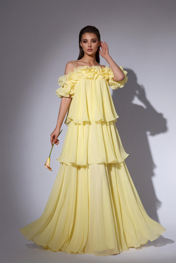 Pale Yellow Off-Shoulder Chiffon Gown with Floral Ruffle Neckline and Tiered Skirt Plus Size