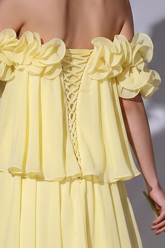 Pale Yellow Off-Shoulder Chiffon Gown with Floral Ruffle Neckline and Tiered Skirt Plus Size