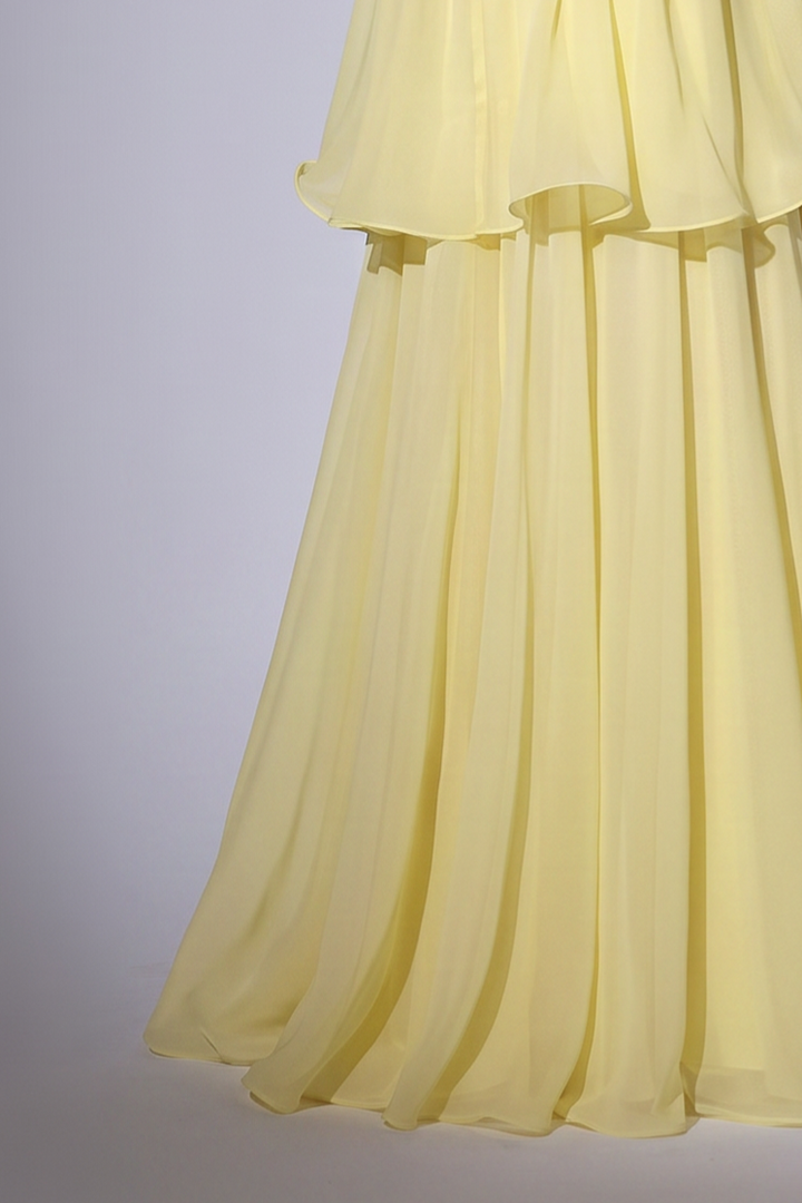 Pale Yellow Off-Shoulder Chiffon Gown with Floral Ruffle Neckline and Tiered Skirt Plus Size