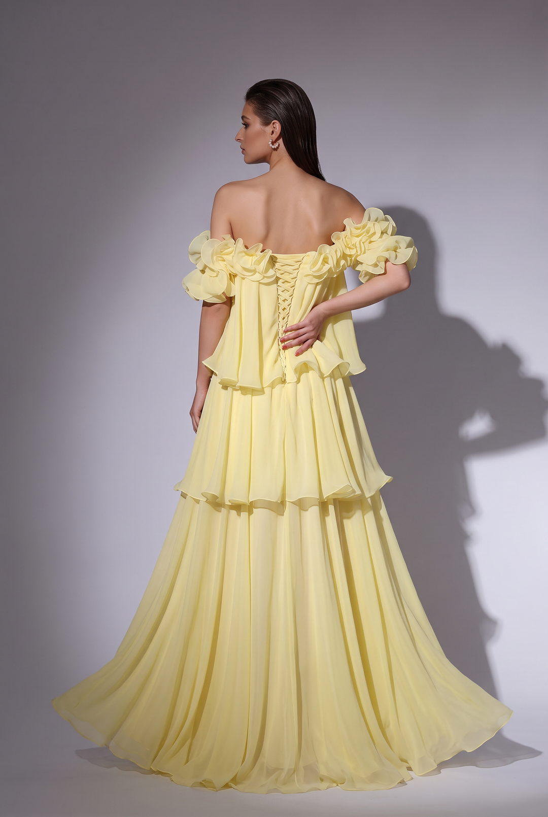 Pale Yellow Off-Shoulder Chiffon Gown with Floral Ruffle Neckline and Tiered Skirt Plus Size