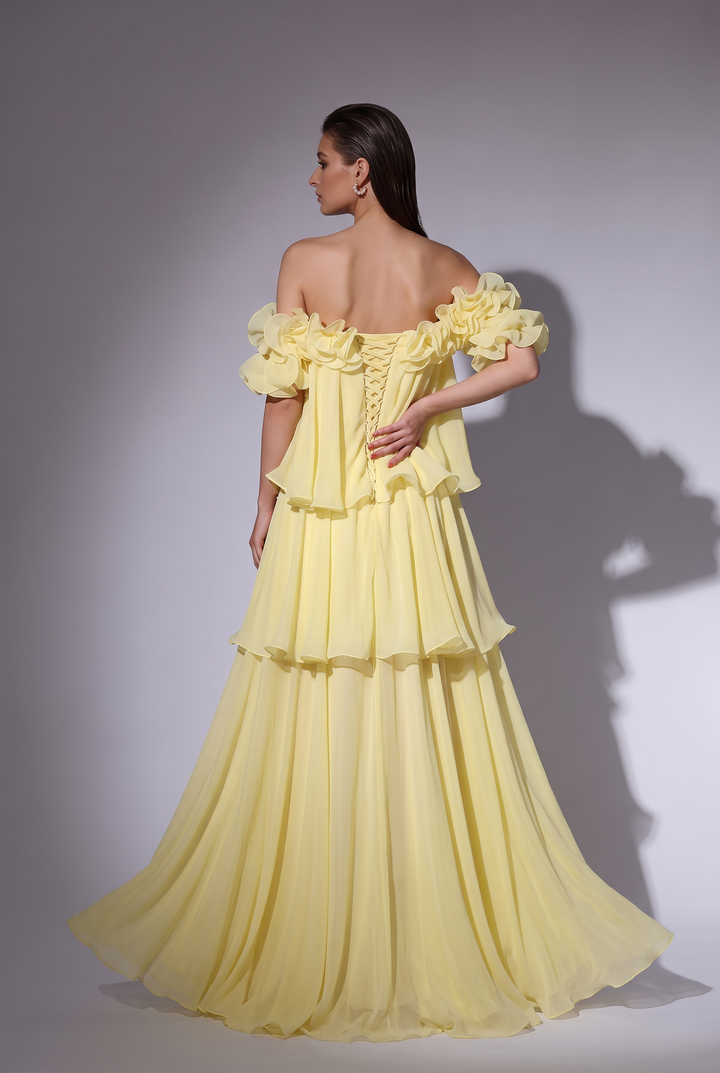 Pale Yellow Off-Shoulder Chiffon Gown with Floral Ruffle Neckline and Tiered Skirt Plus Size
