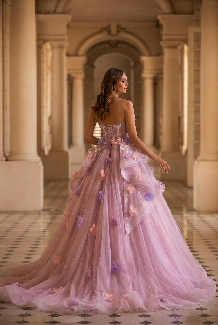 Pastel Lavender Floral Tulle Ball Gown with Strapless Corset Bodice Ethereal Fairy Princess Evening Dress Romantic Couture Formal Gown Plus Size
