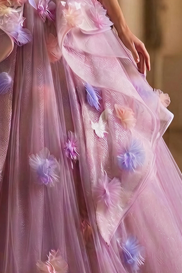 Pastel Lavender Floral Tulle Ball Gown with Strapless Corset Bodice Ethereal Fairy Princess Evening Dress Romantic Couture Formal Gown Plus Size