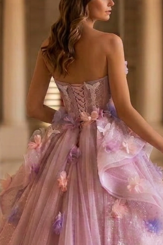 Pastel Lavender Floral Tulle Ball Gown with Strapless Corset Bodice Ethereal Fairy Princess Evening Dress Romantic Couture Formal Gown Plus Size
