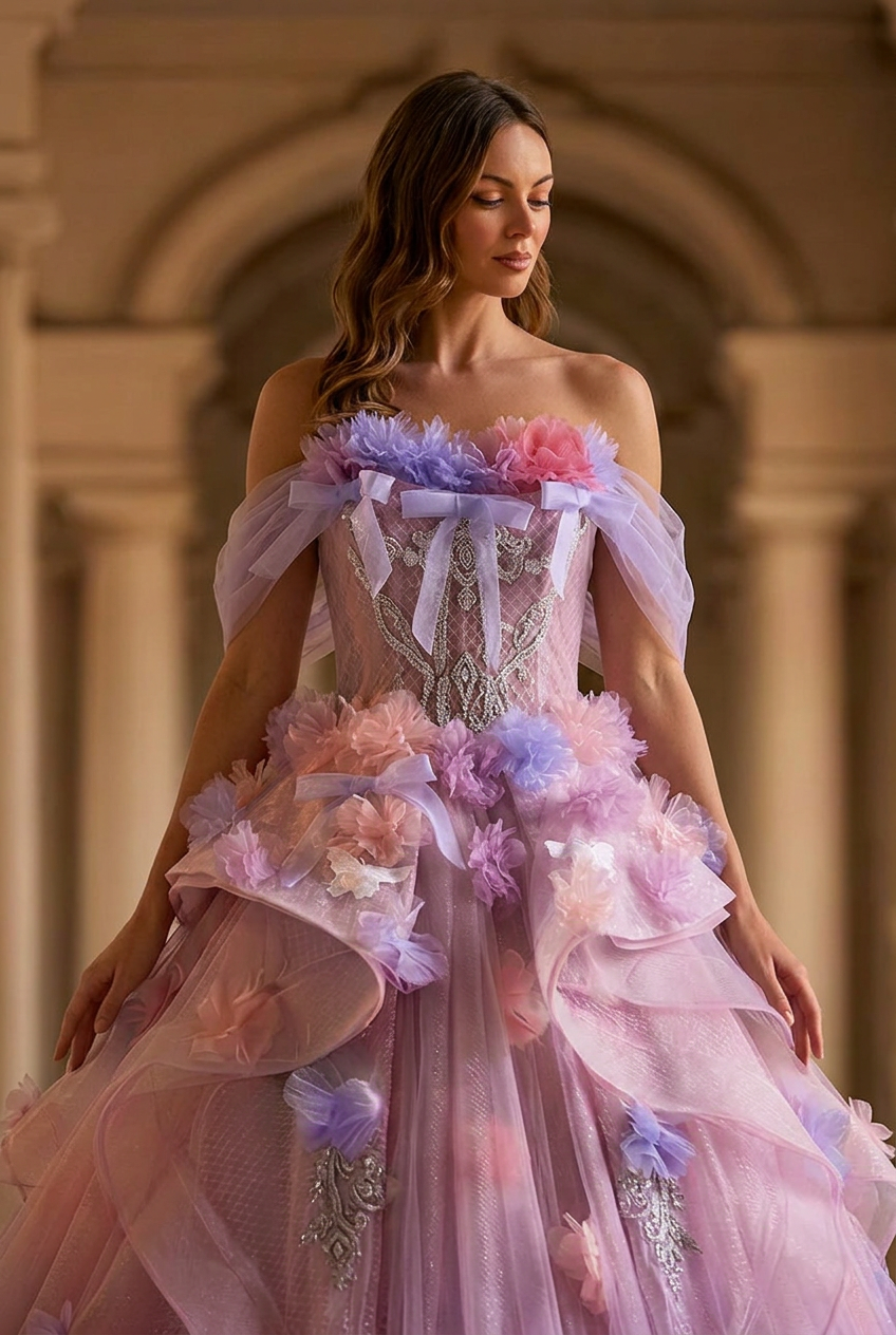 Pastel Lavender Floral Tulle Ball Gown with Strapless Corset Bodice Ethereal Fairy Princess Evening Dress Romantic Couture Formal Gown Plus Size