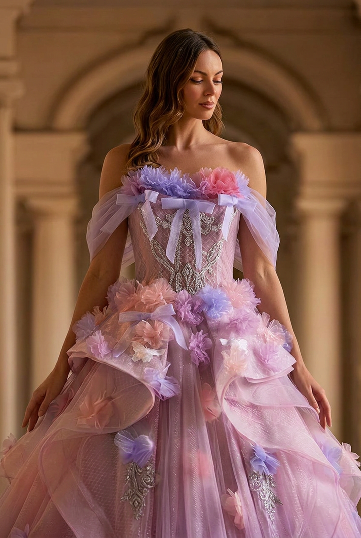 Pastel Lavender Floral Tulle Ball Gown with Strapless Corset Bodice Ethereal Fairy Princess Evening Dress Romantic Couture Formal Gown Plus Size
