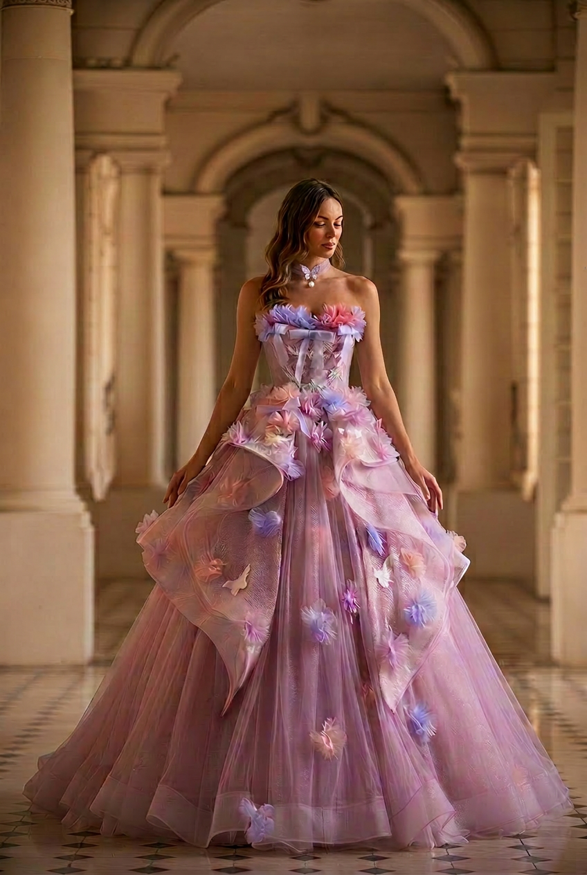 Pastel Lavender Floral Tulle Ball Gown with Strapless Corset Bodice Ethereal Fairy Princess Evening Dress Romantic Couture Formal Gown Plus Size
