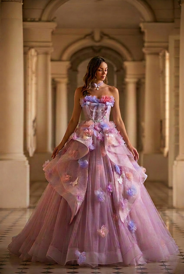 Pastel Lavender Floral Tulle Ball Gown with Strapless Corset Bodice Ethereal Fairy Princess Evening Dress Romantic Couture Formal Gown Plus Size