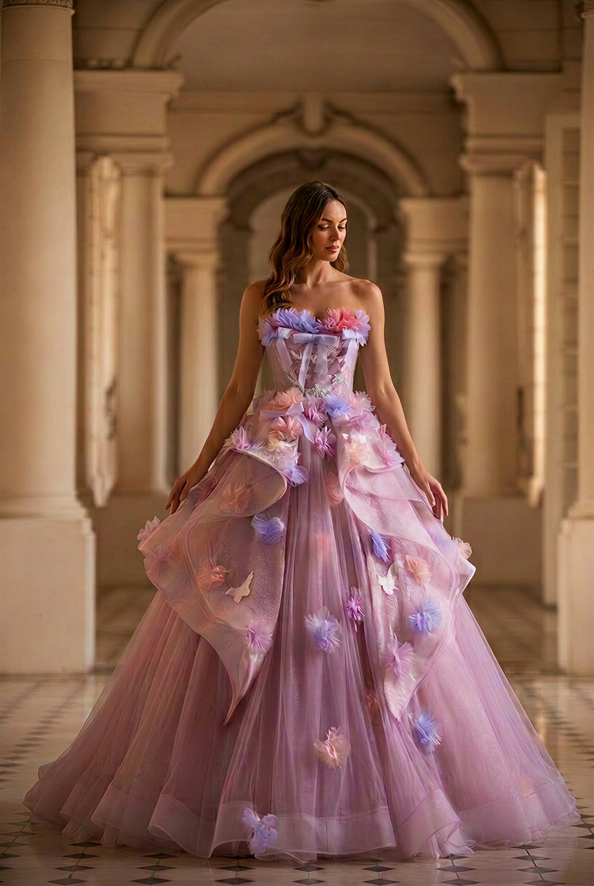 Pastel Lavender Floral Tulle Ball Gown with Strapless Corset Bodice Ethereal Fairy Princess Evening Dress Romantic Couture Formal Gown Plus Size Size Pastel Lavender Floral Tulle Ball Gown with Strapless Corset Bodice Ethereal Fairy Princess Evening Dress Romantic Couture Formal Gown Plus Size Size