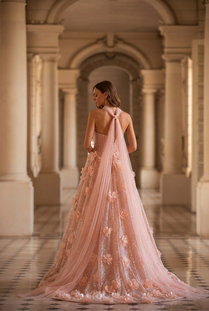Pastel Pink Floral Appliqué Tulle Ball Gown with Strapless Corset Bodice Romantic Fairy Princess Evening Dress Couture Plus Size